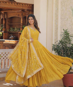 Beautiful Yellow Colour Faux Georgette Ruffle Flair Anarkali Gown