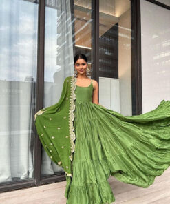Parrot Green Colour Ruffle Flair Anarkali Party Wear Gown