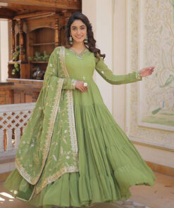 Parrot Green Colour Heavy Georgette Ruffle Flair Anarkali Gown For Party Wear