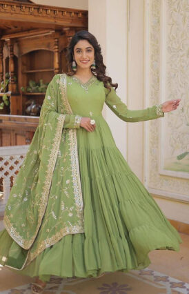 Parrot Green Colour Heavy Georgette Ruffle Flair Anarkali Gown For Party Wear