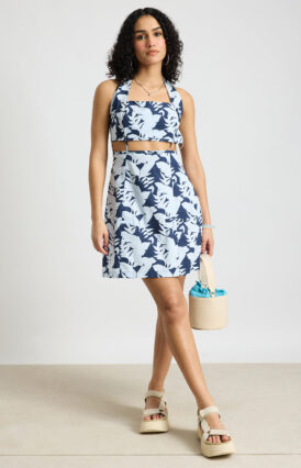 Floral Botanical Blue Poplin Summer Dress