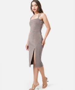 Elegant Beige Shimmer Thigh-High Slit Dress