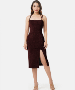 Elegant Wine Shimmer Thigh-High Slit Dress