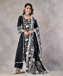 Black Floral Paneled Kurta Pant and Dupatta Set