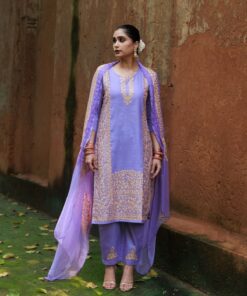 Pantalms Crafts Cotton Aari Embroidered Solid Women's 3 PC Long Kurta Set - Purple