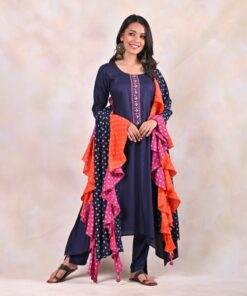 Indigo Kurta Pants Set with Tiered Bandhani Dupatta