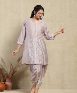 Chanderi  Solid Women's 2PC Dhoti Kurta Set -Metallic Grey