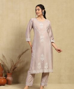 Chanderi  Solid Women's 2PC Long Kurta Set -Metallic Grey