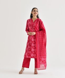 Pink Lotus Printed Cotton Kurta Pant Dupatta Set with Lace & Embroidery Details