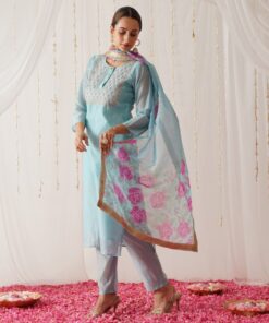 Sky Blue Embroidered Chanderi Kurta Set with Dupatta