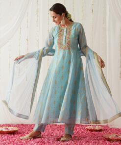 Sky Blue Chanderi Gold Printed Kurta Set with Dupatta