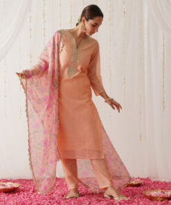 Peach Embroidered Chanderi Kurta Pant Dupatta Set with Gota Details