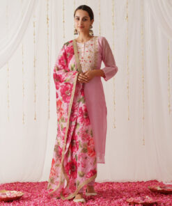 Pink Embroidered Chanderi Kurta Set with Dupatta