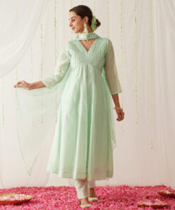 Pastel Green Chanderi Kurta Pant Dupatta Set with Sequins Work