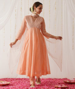 Peach Chanderi Kurta Set with Dupatta
