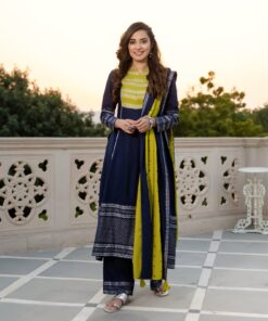 Blue & Olive Silver Printed Flared Kurta Dupatta Set with Gota Details