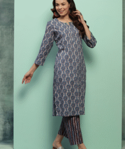 Cotton Printed Women's 2 PC Long Kurta Set - Blue