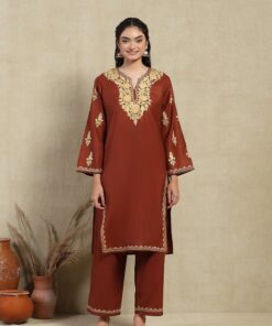 Pantalms Crafts Cotton Aari Embroidered Solid Women's 2 PC Long Kurta Set - Brown