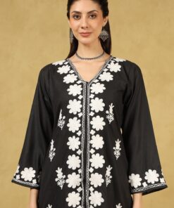 Pantalms Crafts Cotton Aari Embroidered Solid Women's 2 PC Short Kurta Set - Black