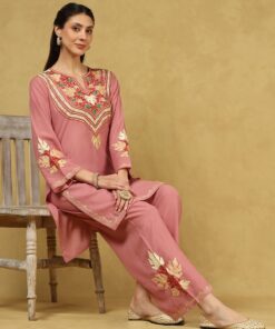 Pantalms Crafts Cotton Aari Embroidered Solid Women's 2 PC Short Kurta Set - Pink