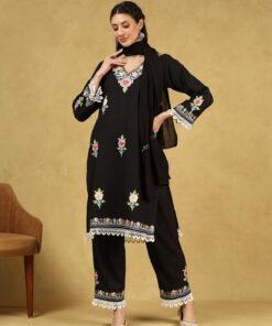 Pantalms Crafts Cotton Aari Embroidered Solid Women's 3 PC Short Kurta Set with Dupatta - Black