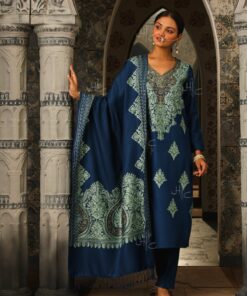 Pantalms Crafts Aari Woollen Straight Kurta Set with Dupatta-Blue
