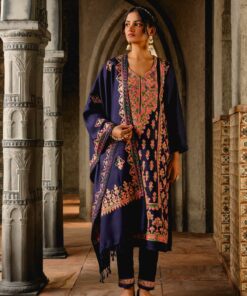 Pantalms Crafts Aari Woollen Straight Kurta Set with Dupatta-Blue