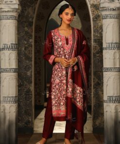 Pantalms Crafts Aari Woollen Straight Kurta Set with Dupatta-Maroon