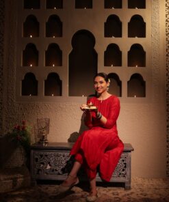 Chanderi  Solid Women's 4 PC Long Kurta Set with dupatta - Red