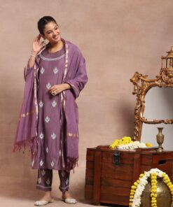 Chanderi  Kamdaani Embroidered Solid Women's 4 PC Long Kurta Set - Lavender