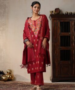 Pantalms Crafts Woollen Aari Embroidered Solid Women's 3 PC Long Kurta Set with Dupatta - Maroon