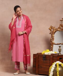 Chanderi  Mukaish Solid Women's 4 PC Long Kurta Set - Pink