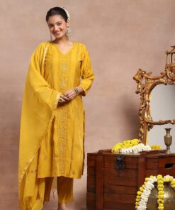 Chanderi  Mukaish Solid Women's 4 PC Long Kurta Set - Mustard Yellow