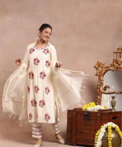 Chanderi  Zari Solid Women's 4 PC Long Kurta Set - Off White