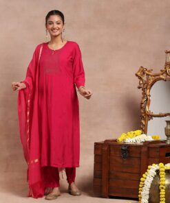 Chanderi Kamdaani Embroidered Solid Women's 4 PC Long Kurta Set - Pink