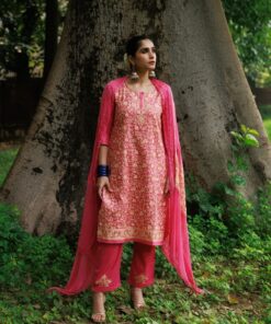 Pantalms Crafts Cotton Aari Embroidered Solid Women's 3 PC Long Kurta Set - Pink