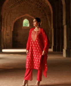 Pantalms Crafts Cotton Aari Embroidered Solid Women's 3 PC Long Kurta Set - Red