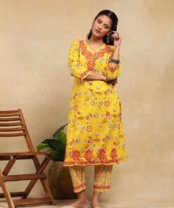 Cotton  Printed Women's 2 PC Long Kurta Set - Yellow