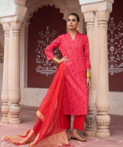 Pantalms Crafts Glazed Cotton Hand Block Printed with Hand Embroidery Women's 3 PC Long Kurta Set with dupatta - Maroon