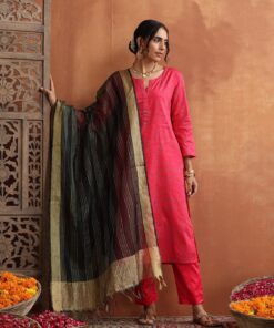 Pantalms Crafts Glazed Cotton Hand Block Printed with Hand Embroidery Women's 3 PC Long Kurta Set with dupatta - Pink