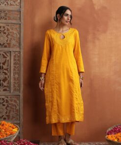 Jaam Silk  Solid Women's 2 PC Long Kurta Set - Yellow
