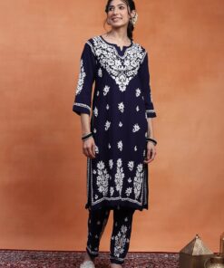 Rayon  Solid Women's 2PC Long Kurta Set  - Navy Blue