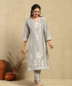 Chanderi  Solid Women's 2PC Long Kurta Set -Grey