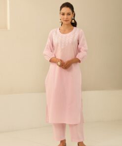 Cotton  Solid Women's 2 PC Long Kurta Set - Pink