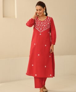 Cotton  Solid Women's 2 PC Long Kurta Set - Red
