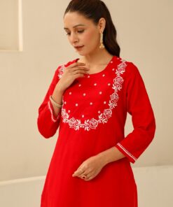 Cotton  Solid Women's 2 PC Long Kurta Set - Red
