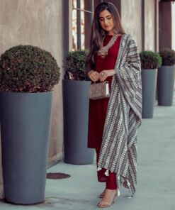 Maroon Salwar Kurta Set with Grey Dupatta