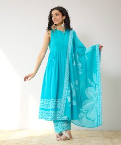 Daisy Cotton Kurta Set with Dupatta - Aqua Blue