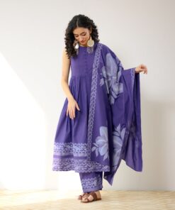 Daisy Cotton Kurta Set with Dupatta - Violet