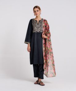 Black Embroidered Phulwari Velvet Set with Dupatta